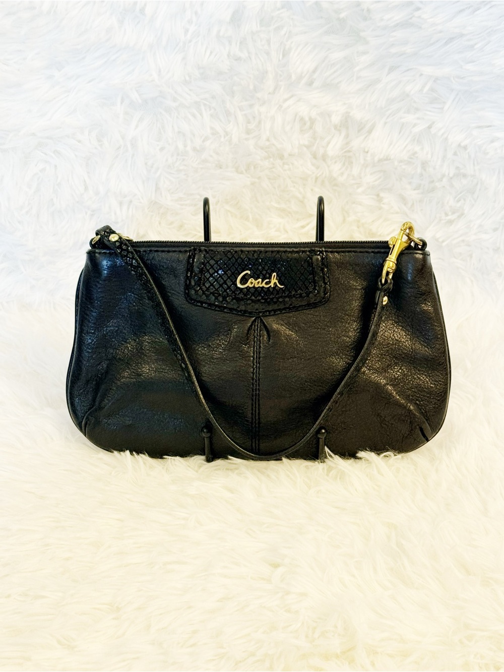 Coach Ashley Black Leather Clutch with Gold-Tone Accent